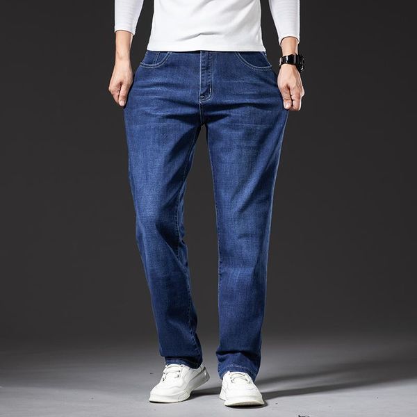 

men's jeans autumn winter 40 42 44 46 classic light blue business casual straight loose stretch brand clothing