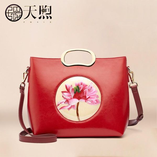 

evening bags pmsix women's bag 2021 fashion embroidered large capacity cowhide red national style one shoulder handbag