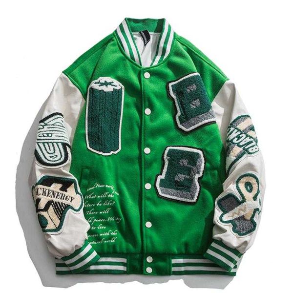 

men's jackets high street vintage varsity jacket men women pu leather splice embroidery baseball college style couple coat oversized, Black;brown