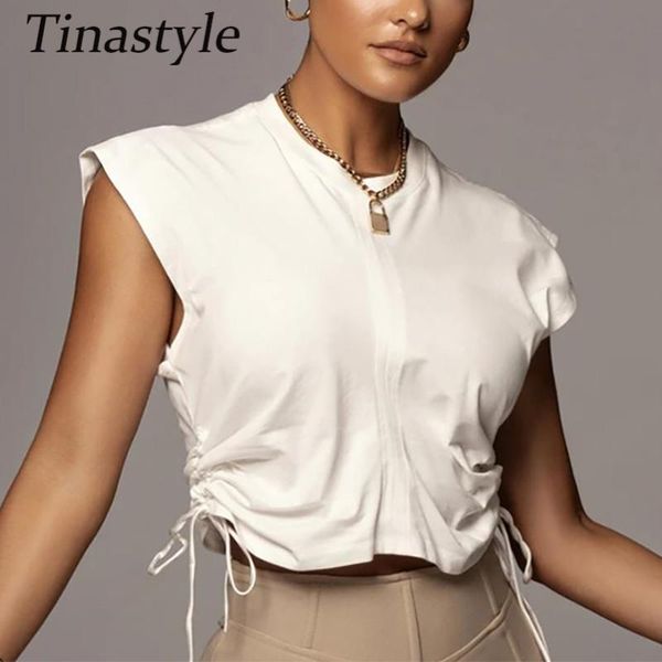 

tinastyle white lace up short summer t-shirt women o neck sleeveless pleated crop shirt black basic casual t women's