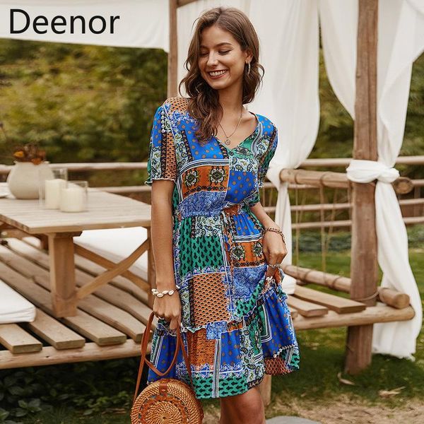 

casual dresses deenor women summer 2021 cottagecore short sleeve mini dress vintage floral beach vacation party sundress robe, Black;gray