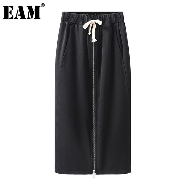 

[eam] high elastic waist black zipper strap pocket casual half-body skirt women fashion spring autumn 1dd7462 210512