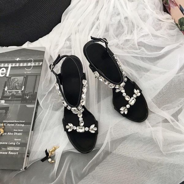 

sandals summer women party super high heels ladies silk crystal pointed toe thin zapatillas mujer designer shoes, Black