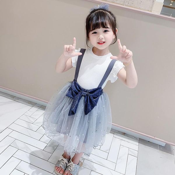

clothing sets toddler baby kids girls short sleeve solid +star print mesh suspender skirt set vogue suit 2021 summer, White