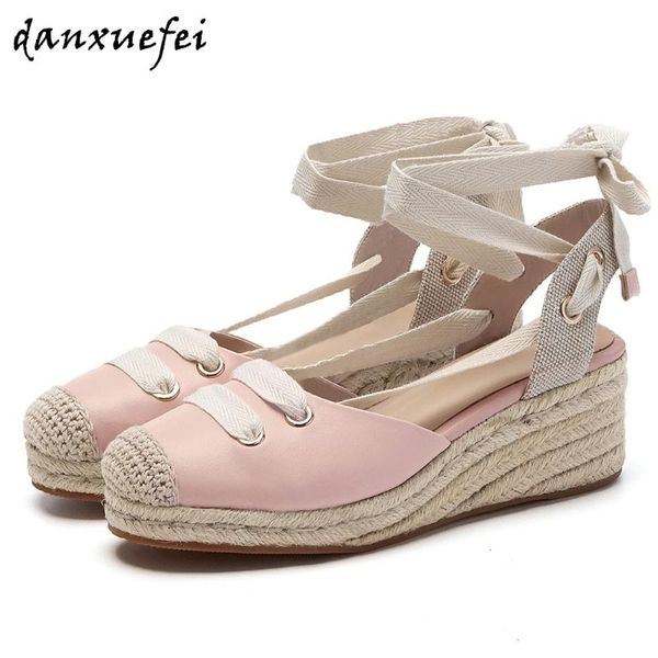 

women's genuine leather cross strap ankle lace-up wedge sandals female low heel comfortable round toe casual summer shoes, Black