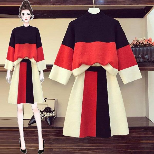 

women's tracksuits jsxdhk sweater women two piece set autumn winter knitted hit color striped loose pullovers suits + high waist swing, Gray