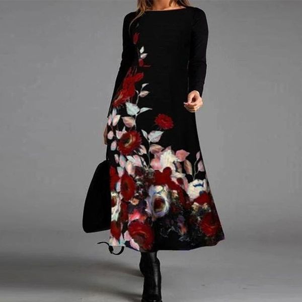

casual dresses office lady o neck elegant long dress women vintage floral print party 2021 fashion sleeve autumn winter, Black;gray