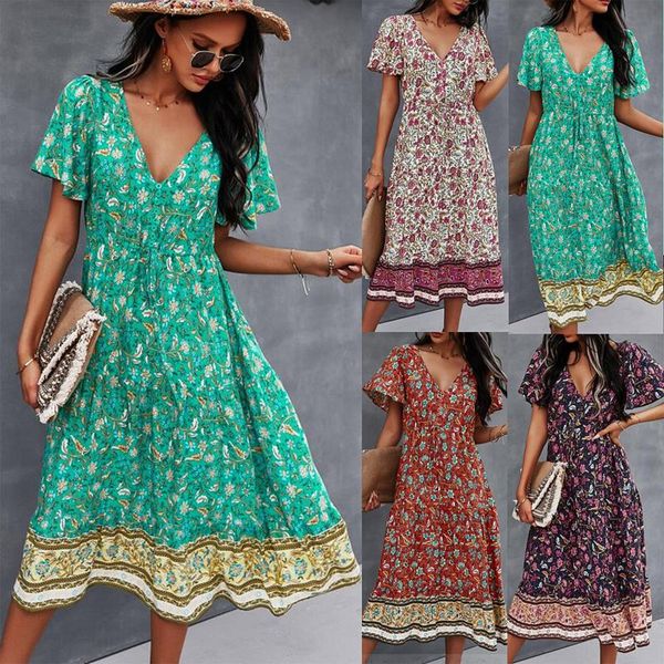 

spring and summer dress woman's v-collar printed belt long-style short-sleeved print floral pleated slimming female casual dresses, Black;gray