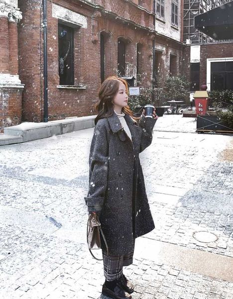 

women's wool & blends korean loose large size thickened tweed coat middle long 2021 winter double breasted woolen fashion, Black