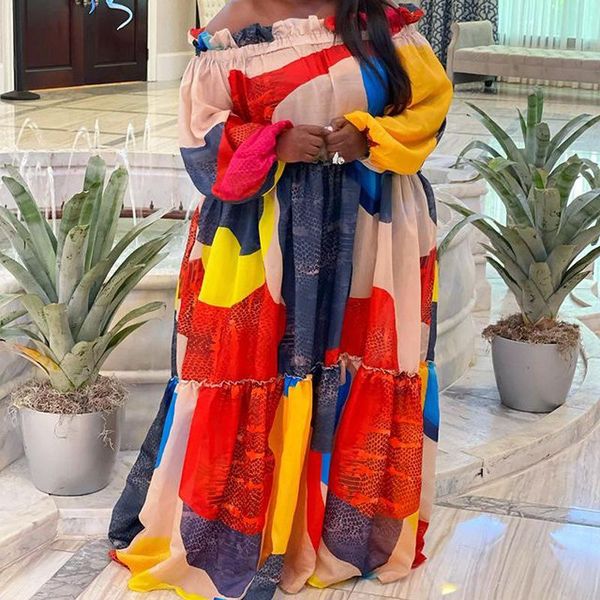 

casual dresses zaggin 2021 plus size fashion women holiday style long sleeve card shoulder dress printed floor length, Black;gray