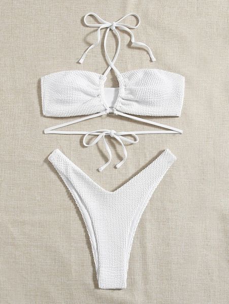 

textured lace up bikini swimsuit n1kw#, White;black