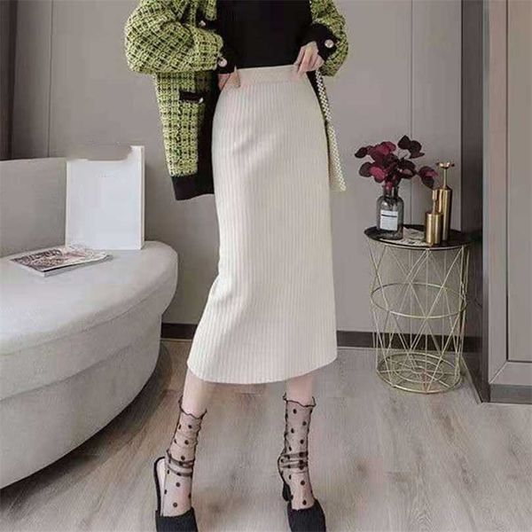 

lucyever autumn winter knitted women skirt solid stretchable mid-long pencil s female korean high waist one-step 211214, Black