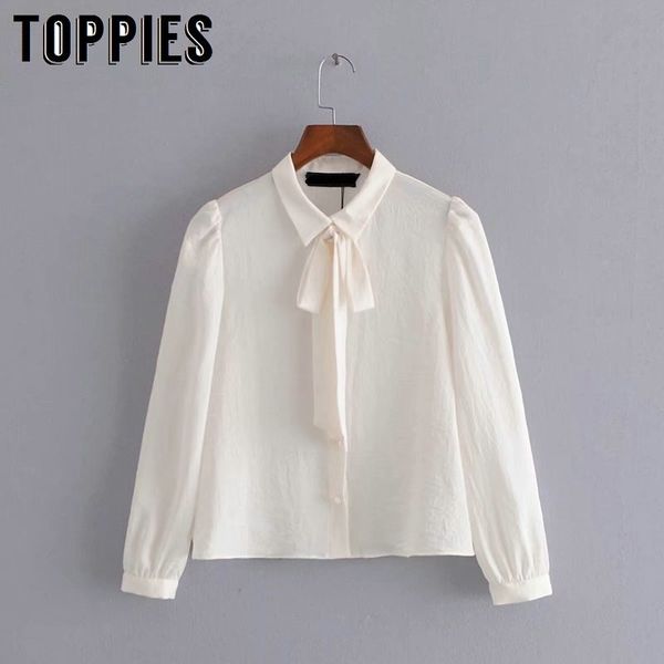 Toppies Dolci Perle Bottoni Fiocco Bluse Donna Bianca Stile OL Camicetta Soft Top 210412