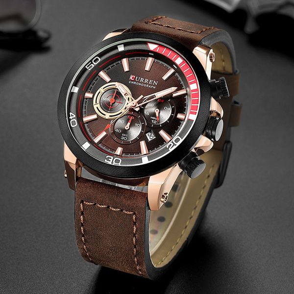 

men watches curren fashion sport watches men's leather band quartz wristwatch male military chronograph clock relogio masculino 210517, Slivery;brown