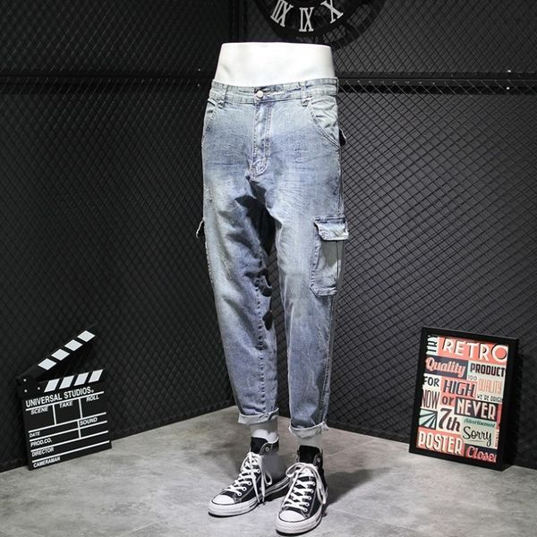 

men's jeans high street multiple pockets vintage cargo pants men fashion loose ankle length harem casual mens plus size 40 42 207o, Blue
