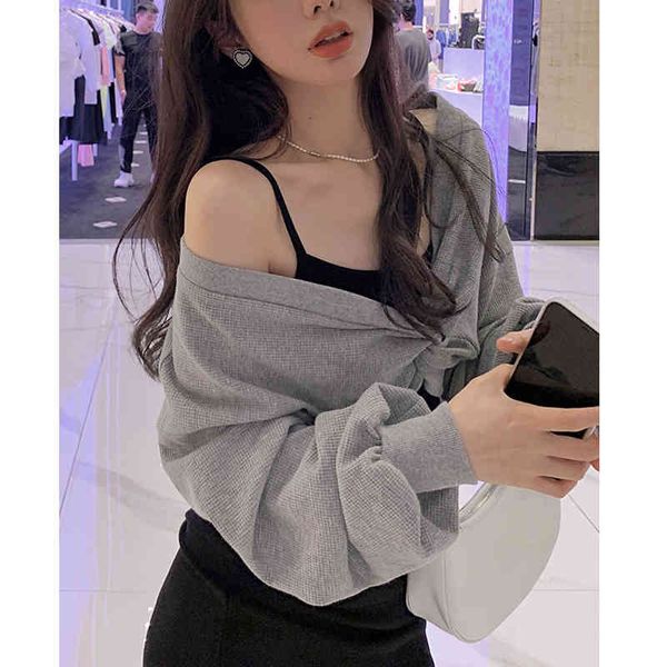 

casual dresses autumn 2 piece set women korean elegant pure color strap + loose hoodie y2k crop sweatshirt midi r6y8, Black;gray