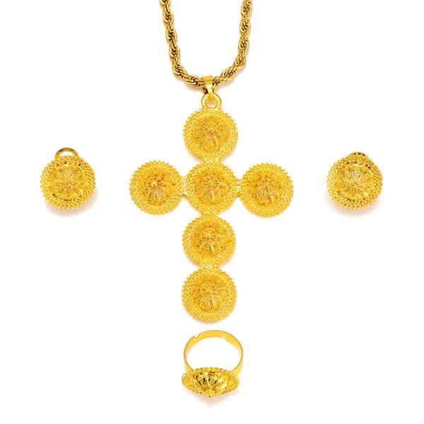 Fine Sólido Amarelo 18k Ouro GF Jóias Conjuntos Brincos de Colar Femininas Anel de Cruz de Grande Escala Pingente de Casamento Noiva Habesha