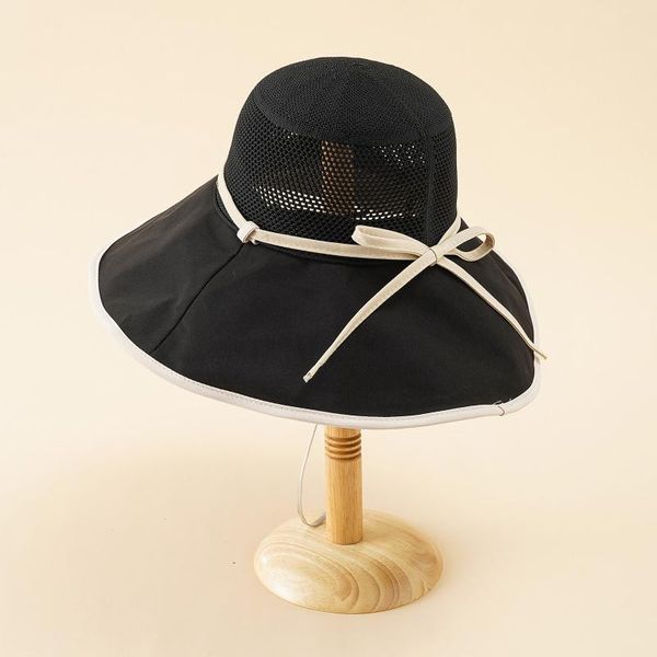 

wide brim hats mesh bowknot beach style panama straw hat women men summer casual fisherman sun female male french sunhat unisex, Blue;gray