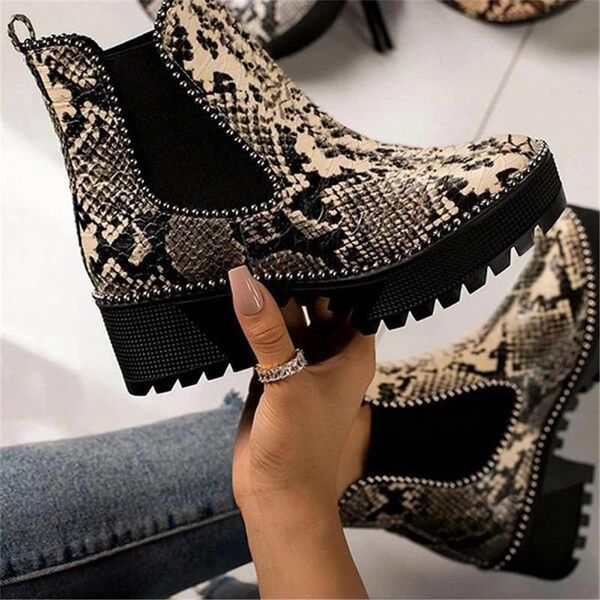 

boots women slip on snakeskin platform shoes boot, Black