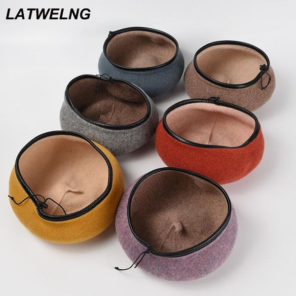 

berets 2021 women wool knitted beret hats autumn winter warm flat caps red mushroom hat fashion french ajustable wholesale, Blue;gray