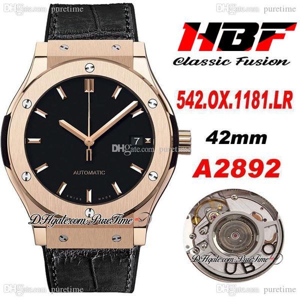 

hbf classic a2892 45mm automatic mens watch rose gold black dial stick markers black gummy strap watches super edition 4 styles puretime a08, Slivery;brown