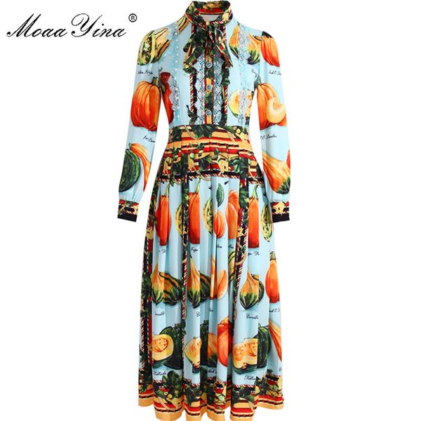 Abito stilista Primavera Abito da donna Manica lunga Pizzo Perline Verdure Zucca Uva Stampa Abiti vintage 210524