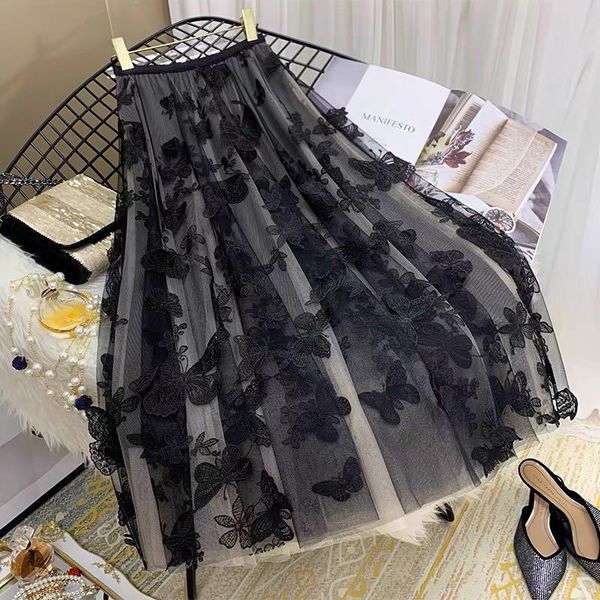 

skirts summer mesh a-line elastic high waist tulle pleated ladies chic butterfly embroidery layered fairy z851 sdl1, Black