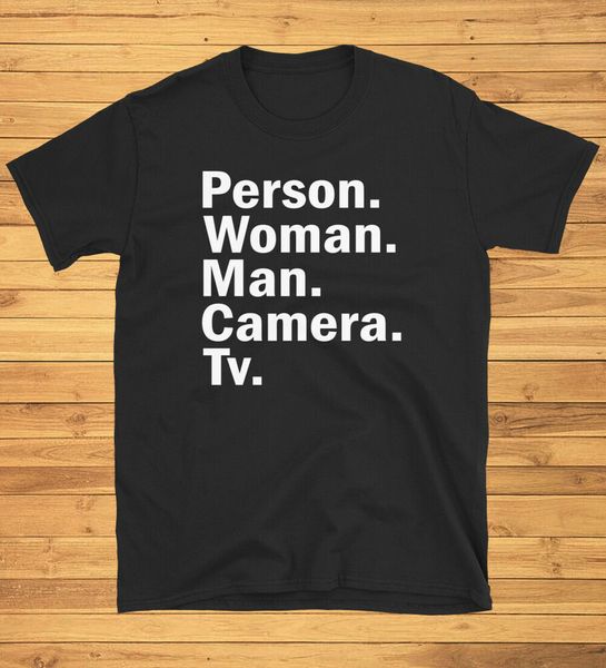 

person woman man camera tv shirt t-shirt, White;black