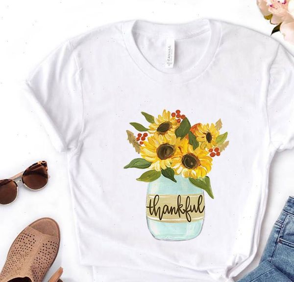 

women t shirt thankful sunflower womens print short sleeve o neck loose ladies causal, White