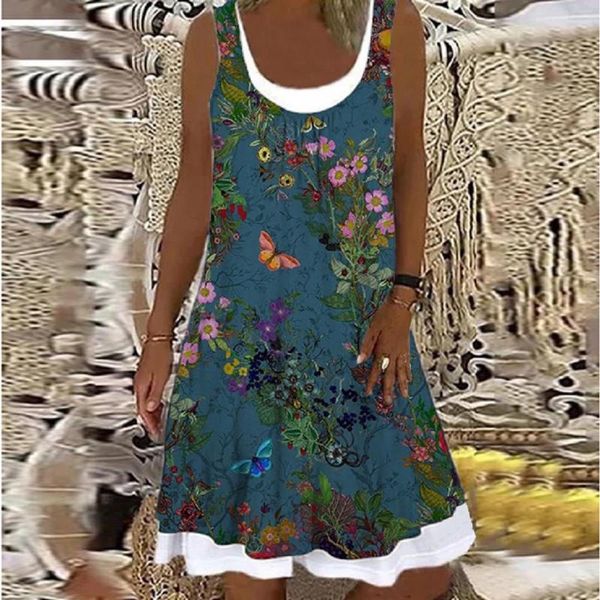 

casual dresses summer women loose floral dress plus size sleeveless o neck elegant for clothing vestidos de verano 2021, Black;gray