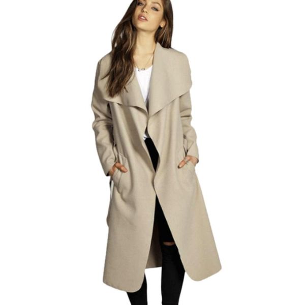 

women's trench coats 2021 women long cotton blend coat female pockets sash thick casual jacket autumn winter slim solid overcoat, Tan;black