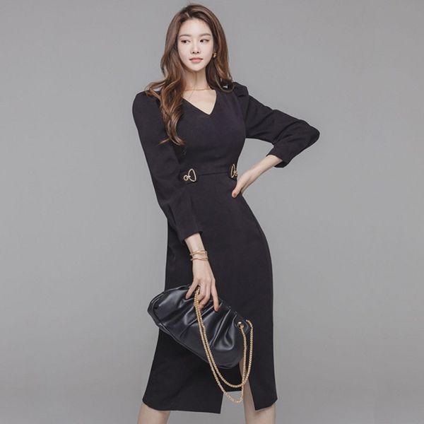Coreano sexy vestito aderente donna autunno ufficio signora elegante manica a sbuffo bowknot colletto a V abiti longuette casual vestido 210514