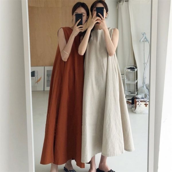 

[ewq] summer dress chic loose swing sleeveless mid-length cotton linen long high waist women runway 210623, Black;gray