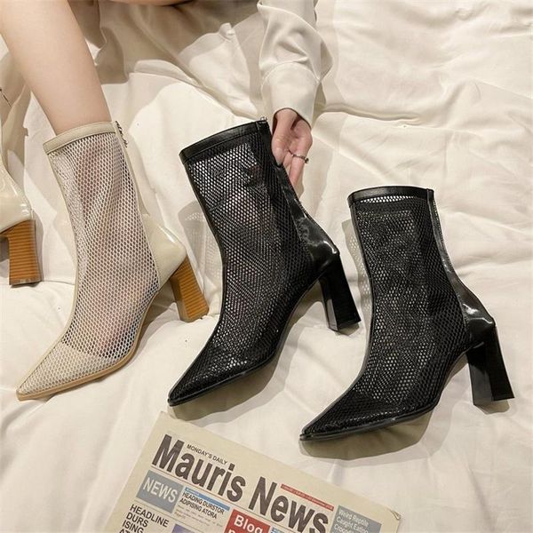 

boots 2021 female summer high-heeled mesh breathable sandals thick-heeled zipper fashion sexy, Black