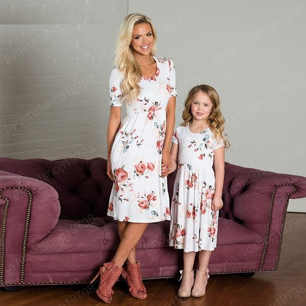 

family matching mother daughter dresses summer short sleeve floral print knee dress for mom daughter mommy and me dresses, Blue