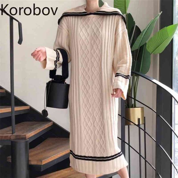 Korobov Abito stile preppy coreano Vintage Office Lady Black Abiti con colletto da marinaio Sweet Long Sleeve Vestidos Femme 210430