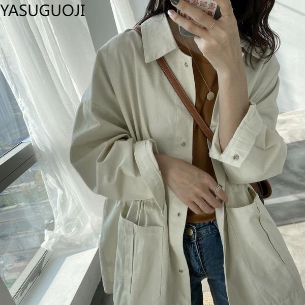 

women's trench coats yasuguoji workwear-style bf coat drawstring korean-style loose thin 2021 spring style, Tan;black