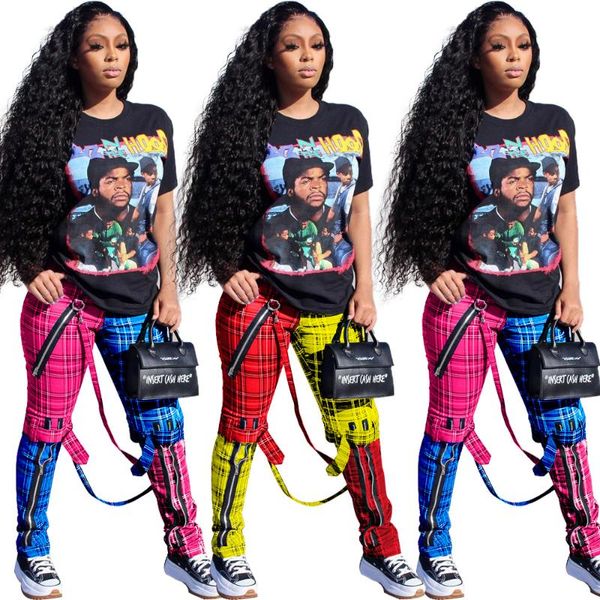 

fashionable and versatile casual zipper plaid trousers women's pants & capris, Black;white