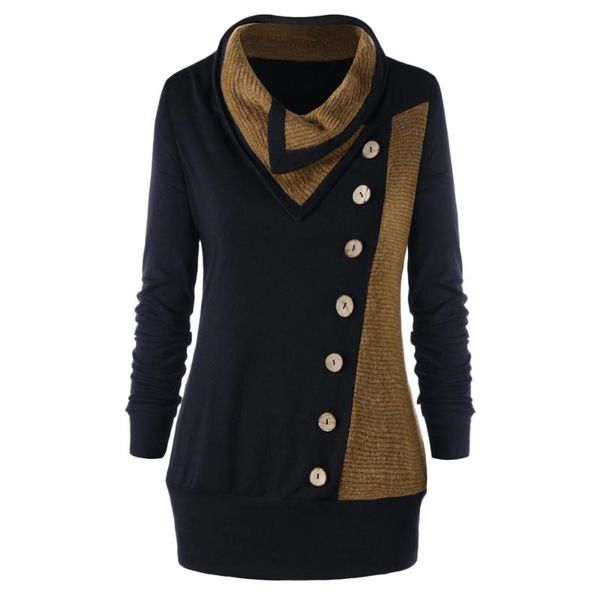 

women's hoodies & sweatshirts plus size heap collar tunic sweatshirt with buttons women autumn casual pullovers, Black