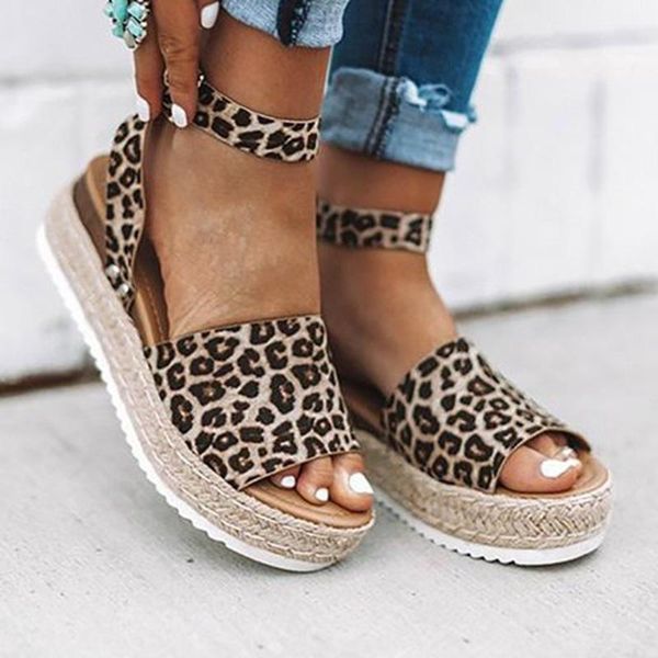 

sandals 2021 women's platform summer leopard print buckle straps wegdes casual peep toe outdoor beach shoes, Black