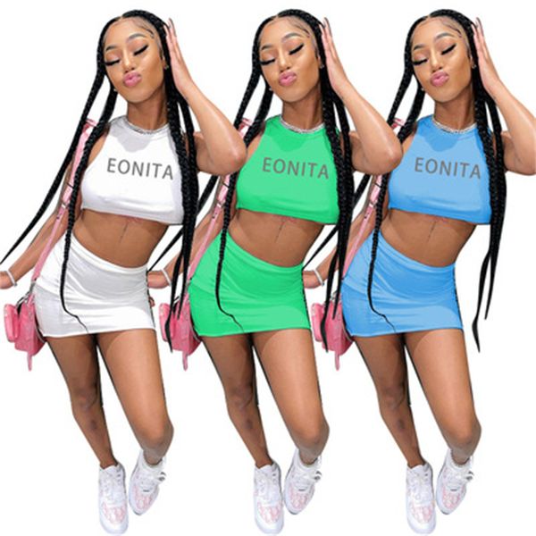 

womens letters printing two piece dress fashion trend sleeveless short skirts 2pcs sets designer summer female casual hip skirt suits, White