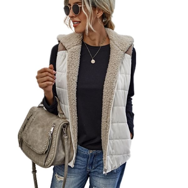 

fashion simple stitching plush double-sided wear women's vest casual lady two ways wear autumn winter coat white tank 210817, Black;white