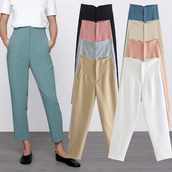 

za spring autumn suits women pants ankle length 9 colors high waist pockets pantalon female fashion zipper trouser, Black;white