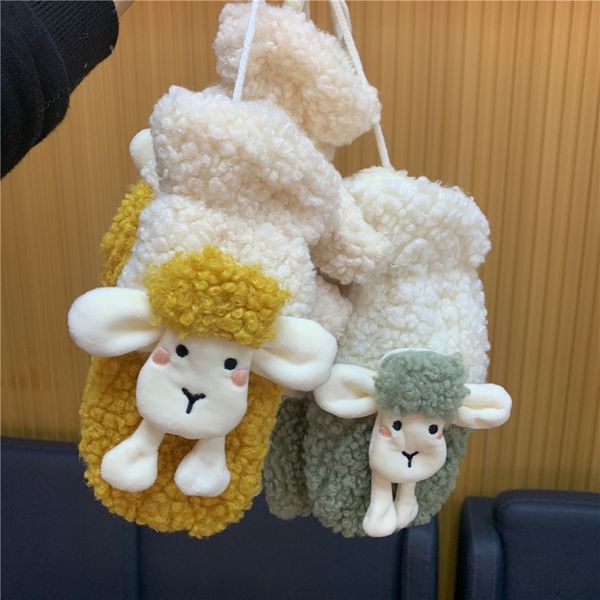 

olw0 girl winter lovely warm add velvet thicken korean mittens versatile student ins hairy cartoon hanging neck gloves and gloves cold pro, Blue;gray