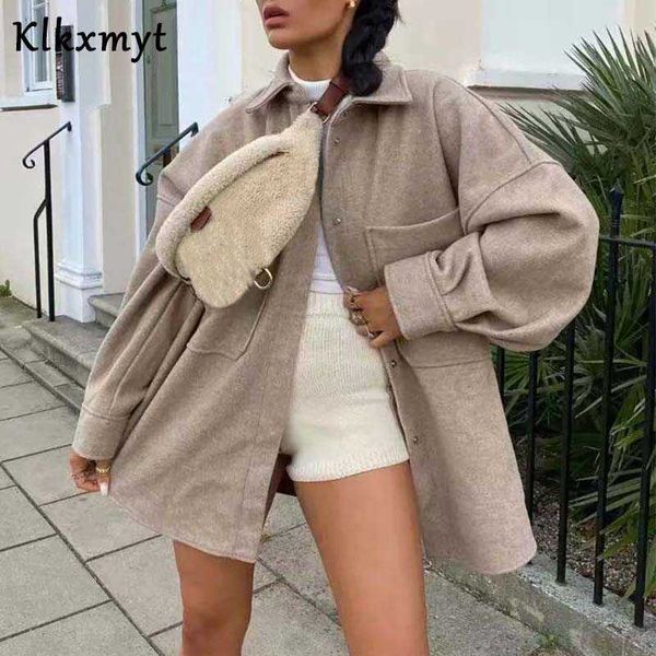 

klkxmyt za jackets women fashion with pockets woolen cloth shirt jacket coat vintage long sleeve female outerwear chic 210527, Black;brown
