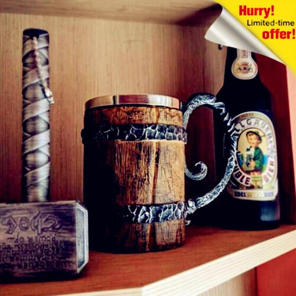 

mugs viking style mug stainless steel resin coffee beer wooden barrel gift