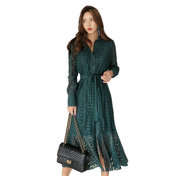 

lace women hollow out maxi dress autumn single-breasted long dresses with sashes puff sleeve ruffles robes 210603, Black;gray