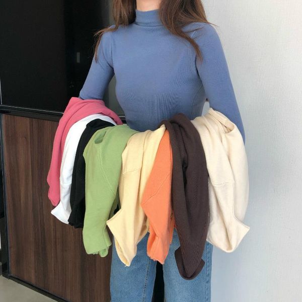 

women's sweaters 2021 autumn winter women casual knitted turtleneck sweater female solid color jumper fashion slim elasticity pullovers, White;black