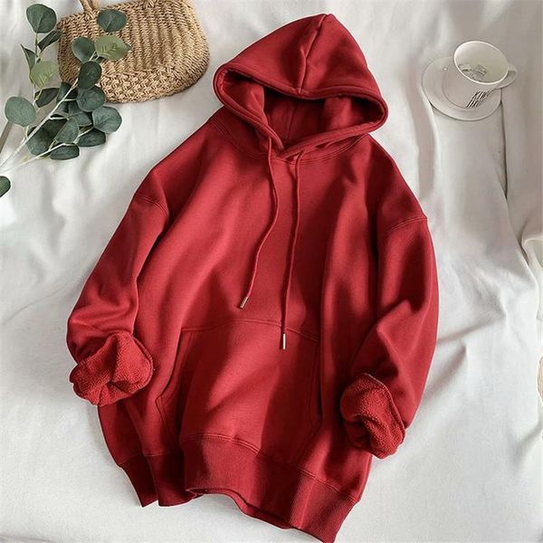 

autumn and winter fashion solid color women's hoodie plus velvet thick long sleeved pullover loose all match blousec114 hoodies & sweat, Black