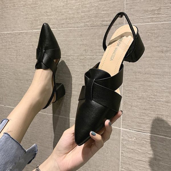 

spring shoes low sandals woman leather clear heels med shallow mouth two weare 2021 summer suit female beige low-heeled pointed, Black